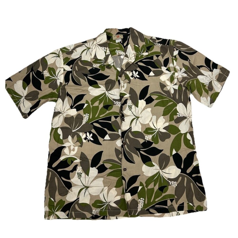 VTG Hawaii Station Mens Shirt Short Sleeve Green Colorful Floral Button Up Sz XL
